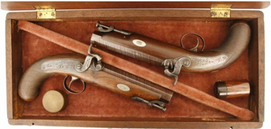 Wonderful cased pair of Durs Egg dueling pistols, .62 caliber, with 5 1/2-inch octagonal barrels. Image courtesy of Fontaine’s Auction Gallery.